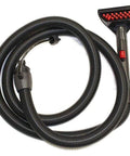 Front view of Bissell commercial hose and upholstery tool with black ribbed hose and wide upholstery nozzle.