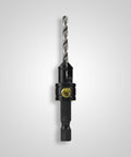 Combo Drill Countersink Bit For #8 #10 Screws 82 Degree Angle 1/8 Inch Twist Drill Point 3/8 In Countersink Bore 1/4 Inch Hex Drive Shank HSS Steel shown from the side.