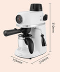Slick Compact Semi Automatic Espresso Machine With Integrated Milk Frother And Steam Wand, side view with measurements.