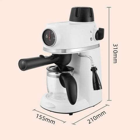 Slick Compact Semi Automatic Espresso Machine With Integrated Milk Frother And Steam Wand, side view with measurements.