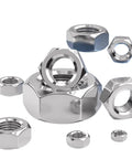 Front view of 304 stainless steel hex nuts set; chrome finish, assorted sizes.