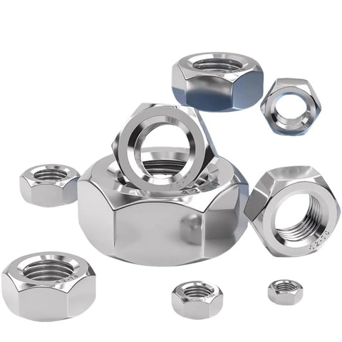Front view of 304 stainless steel hex nuts set; chrome finish, assorted sizes.