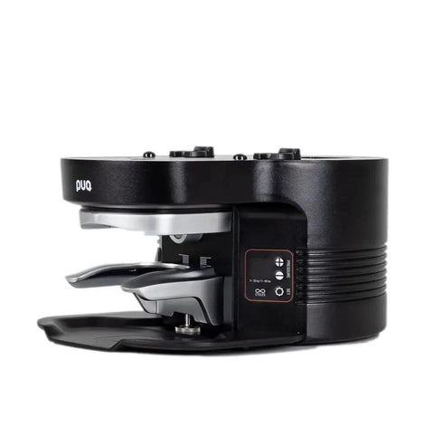 Automatic Coffee Tamper With Adjustable Tamping Pressure And Calibrated Levels For Nailing Every Shot Fits Mahlkonig E65 Grinders Perfectly, black design.