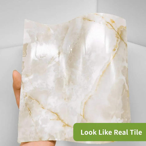 Hand holding Peel And Stick Brown Marble Backsplash Tiles 50 Piece Set 5.9 Inch Square Self Adhesive PVC Wall Tile Decals