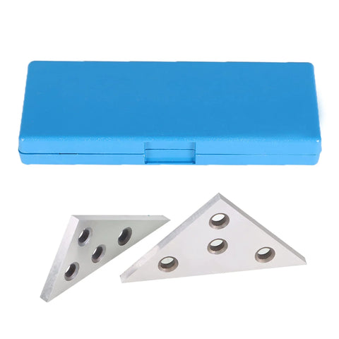 Solid angle plate set with two triangular aluminum angle blocks and blue plastic case; 30-60-90 and 45-45-90 degrees.