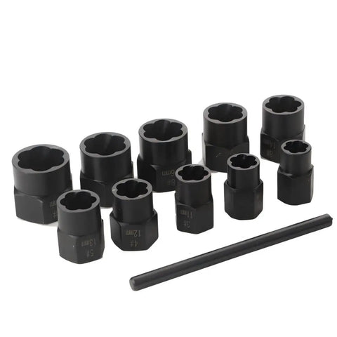 11 Piece Twist Socket Set For Damaged Bolts And Lug Nuts 9mm To 19mm Nut Remover Kit With Punch Rod, Built Tough From Chrome Vanadium Steel