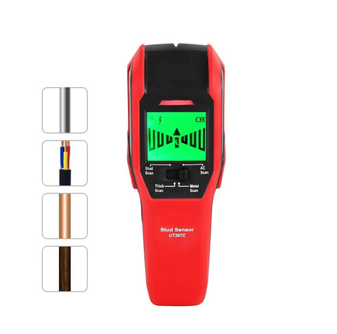 Pro Level Wall Scanner And Stud Finder With Bright Digital Screen and Sharp Buzzer Alert, red handheld device with LCD.