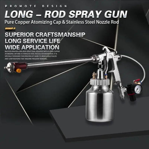 Extended Long Pole Spray Gun With One Liter Paint Cup And 100Cm Rod Delivers Sweet Auto And Furniture Finishing Heavy Duty Brass Nozzles For Non Stop Projects Everyone Swears By viewed from the side, showcasing pure copper atomizing cap and stainless steel nozzle.