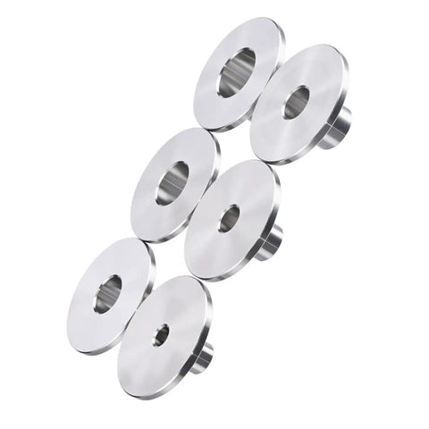 Built Like A Tank Router Guide Bushing Template Set Six Piece Heat Treated Stainless Steel bushings viewed from above.