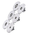 Drop Dead Durable Stainless Steel Router Template Guide Bushings Set With Six Quick Swap Heads arranged in a cluster.
