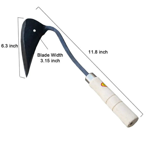 Forged Garden Hand Plow Hoe With Sturdy Wood Handle Korean Daejanggan Style Ho Mi Weeding Sickle showing dimensions