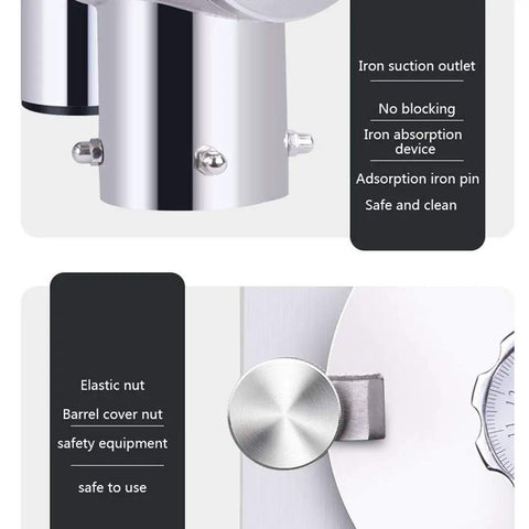 Close-up of Beast 1500W Heavy Duty Commercial Electric Grain Grinder parts including iron suction outlet and safety equipment.