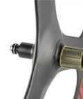 Tri Spoke Carbon Wheelset for 700c Road Bikes with Matte Finish, hub detail, Toray T700 Carbon Fiber, Shimano Cassette Body Compatible