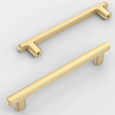 Top Shelf 10 Pack Brushed Gold Cabinet Pulls 5 Inch 128 mm Spacing Kitchen Drawer Handles For Bathroom Vanity, two styles shown.