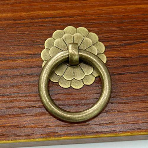 Vintage Antique Brass Ring Pulls Set Of 4 For Cabinets Pure Solid Brass Cabinet Hardware With Flower Disk Design And Dual Layer Petals