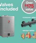 Front view of Ikonic Rectgh SR11iN Tankless Gas Water Heater With Recirculation Super High Efficiency, shown with included valves.