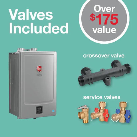 Straight Up Top Shelf Natural Gas Tankless Water Heater Moving 10.1 Gpm At 180K Btus With Condensing Tech Wifi Control and included service valves.
