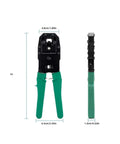 Front and side view of crimping tool from Professional Grade Cat5 Network Cabling Repair Tools And Battery Tester Kit, green handle.