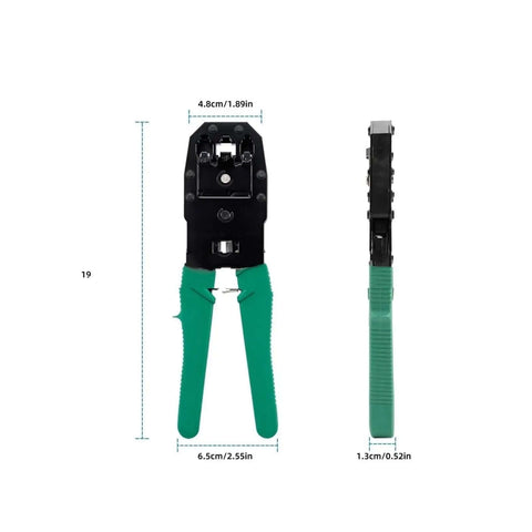 Front and side view of crimping tool from Professional Grade Cat5 Network Cabling Repair Tools And Battery Tester Kit, green handle.
