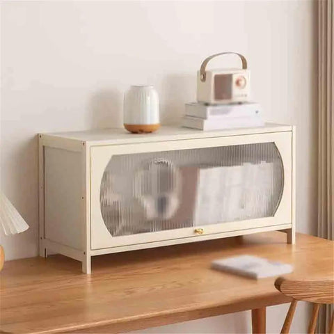 Bamboo Desktop Book Shelf Organizer With Flip Flap Door on wooden desk, multipurpose display rack for office, kitchen, and bedroom use.