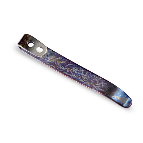 Kick Your Everyday Carry Game Up With These Premium Flamed Titanium Pocket Knife Clips featuring a 50 mm blue violet clip with recessed holes.