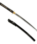 Image of an Aluminum Iaido Wakizashi Practice Sword With 21 Inch Blade For Safe Nukitsuke And Noto Drills, featuring a black handle and sheath.