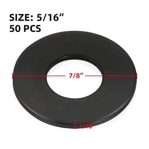 50 Pack Five Sixteenth Inch Black Flat Washers, Seven Eighths Inch Outer Diameter, One Sixteenth Inch Thick, 304 Stainless Steel Hardware Washers for Screws and Bolts, Corrosion Resistant, High Temp Durable Fastener Washers showing size markings