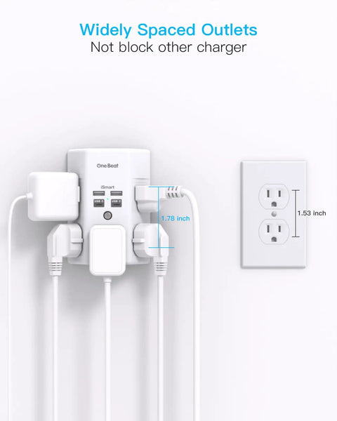 9 In 1 Surge Protector Wall Outlet Extender with Five AC Sockets and Four USB Ports 2 USB C plugged into wall showing spaced outlets