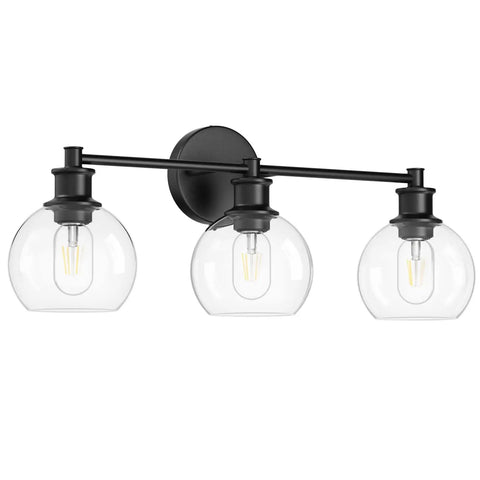 Three Light Industrial Vanity Fixture In Matte Black With Clear Glass Globes, Farmhouse Style Bath Lighting