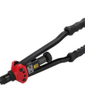 16 Inch Universal Hand Blind Riveter And Rivet Nut Setter Kit With 10 Mandrels And 110 Nuts Pro Grade Metal Tool Ergonomic Anti Slip Handle For Heavy Duty Rustproof Construction And Quick Mandrel Change, black and red hand tool