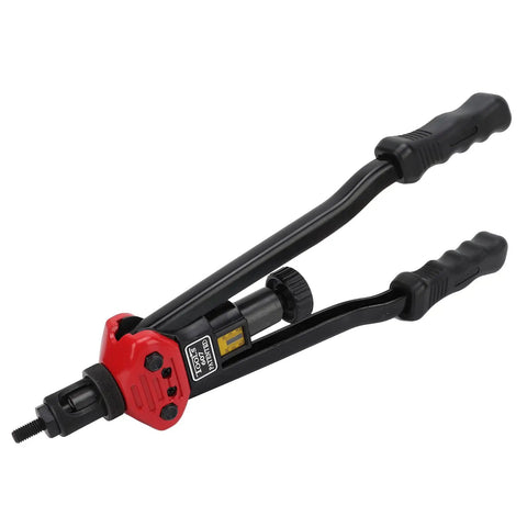 16 Inch Universal Hand Blind Riveter And Rivet Nut Setter Kit With 10 Mandrels And 110 Nuts Pro Grade Metal Tool Ergonomic Anti Slip Handle For Heavy Duty Rustproof Construction And Quick Mandrel Change, black and red hand tool