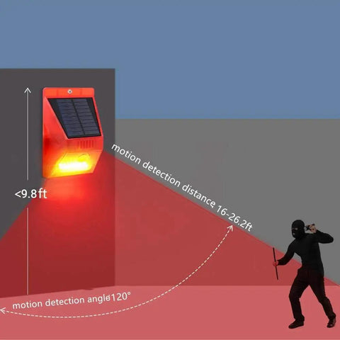 Solar Outdoor Motion Alarm With 129dB Siren mounted on wall, showing detection range and angle with strobe light in action.