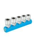 Five Way 1/2 Inch Manifold Block Splitter for Air Hose Inline Fittings shown in silver-blue finish with five ports.