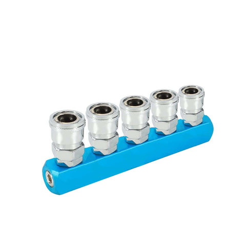 Five Way 1/2 Inch Manifold Block Splitter for Air Hose Inline Fittings shown in silver-blue finish with five ports.