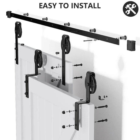 Heavy Duty Sliding Barn Door Hardware Kit Single Track Bypass System For Double Doors Black Powder Coat Six Point Six Foot Long