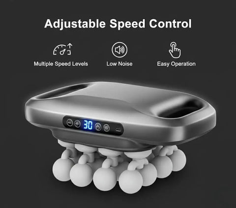 Beast 16 Head Deep Tissue Massager With Heat For Full Body Relief, showing control panel, adjustable speed, and heads.