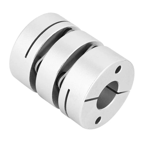 Aluminum alloy shaft coupling adapter; split design, silver finish, motor connection sleeve (front view)