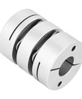 Aluminum alloy two-piece shaft coupling with split clamp and slots, angled front view
