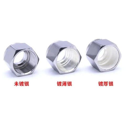 Close-up of three 316L stainless steel compression union elbows, 90-degree pipe fittings, forged tube OD, silver plated finish, plumbing grade.