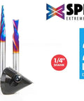 X Carve 4 Piece CNC Router Bit Starter Pack One Quarter Inch Shank With Spektra Coating visible with branding details and icons.