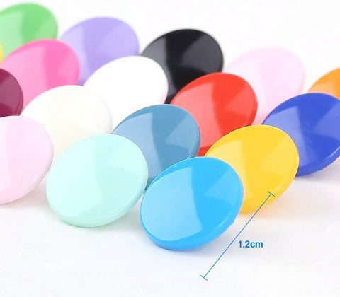 Colorful 1.2cm T5 plastic snap fasteners from the Bulk Snap Button Starter Kit With Pliers, 400 T5 Plastic No Sew Fasteners In 20 Colors.