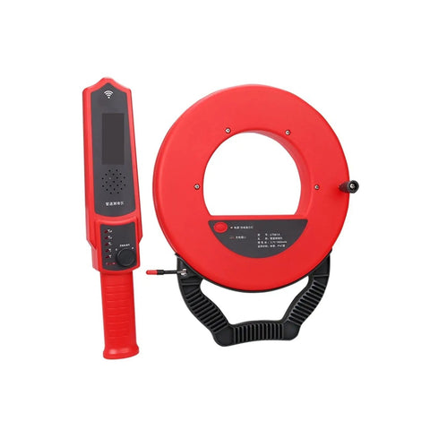 No Sweat Wall Scanner With Dead Easy Stud Detection And Deep Range Pipe Blockage Locator For Live Wire Cable Finder Plus Reliable Plumbing Diagnostic Tool in red with monitor and handle.