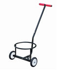 Manual Transport Cart With Circular Angled Handle And Foam Cushion, Two Wheel Bucket Hand Truck, Rolling Carrier For Household Floors And Patio, Black Carbon Steel Construction, Easy Load And Smooth Roll For Heavy Or Bulk Loads. Two-wheel black steel bucket cart with red foam handle