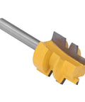 High Strength Reversible T Slot Router Bit With Tungsten Carbide Blade For Precise Woodworking Mortising And Splicing Joints Using 1/4 Inch Round Shank Cutter Tool close-up view with yellow body and carbide tips