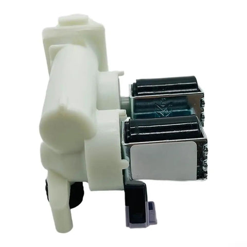 Three Way Water Inlet Valve Solenoid Control For Laundry Machines Built To Last No Fuss Plastic And Metal Construction Fast Precise Flow Switching For Reliable Everyday Appliance Performance, side view