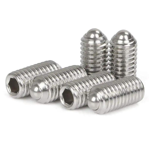 M10 X 20MM Stainless Steel Hex Socket Spring Ball Point Grub Screws 304 SS Rust Proof Boss Grade Hardware Fasteners close-up.