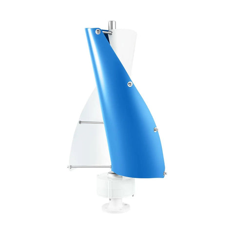 100W 12V Permanent Magnet Vertical Wind Turbine Kit with controller, white and blue helical blade design, side view