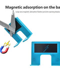 Close-up of a blue magnetic hinge installation tool with calipers measuring the 2mm alignment groove. Magnetic adsorption shown.