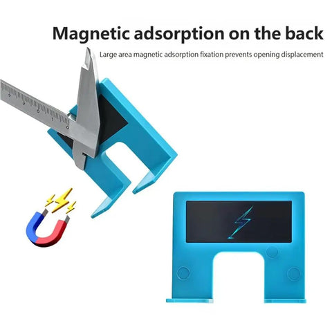 Close-up of a blue magnetic hinge installation tool with calipers measuring the 2mm alignment groove. Magnetic adsorption shown.