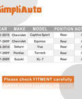 Compatibility chart for Rear Wheel Hub Bearing Assembly 512358 For 2012 To 2015 Chevrolet Captiva Sport, 2007 To 2009 Chevrolet Equinox.